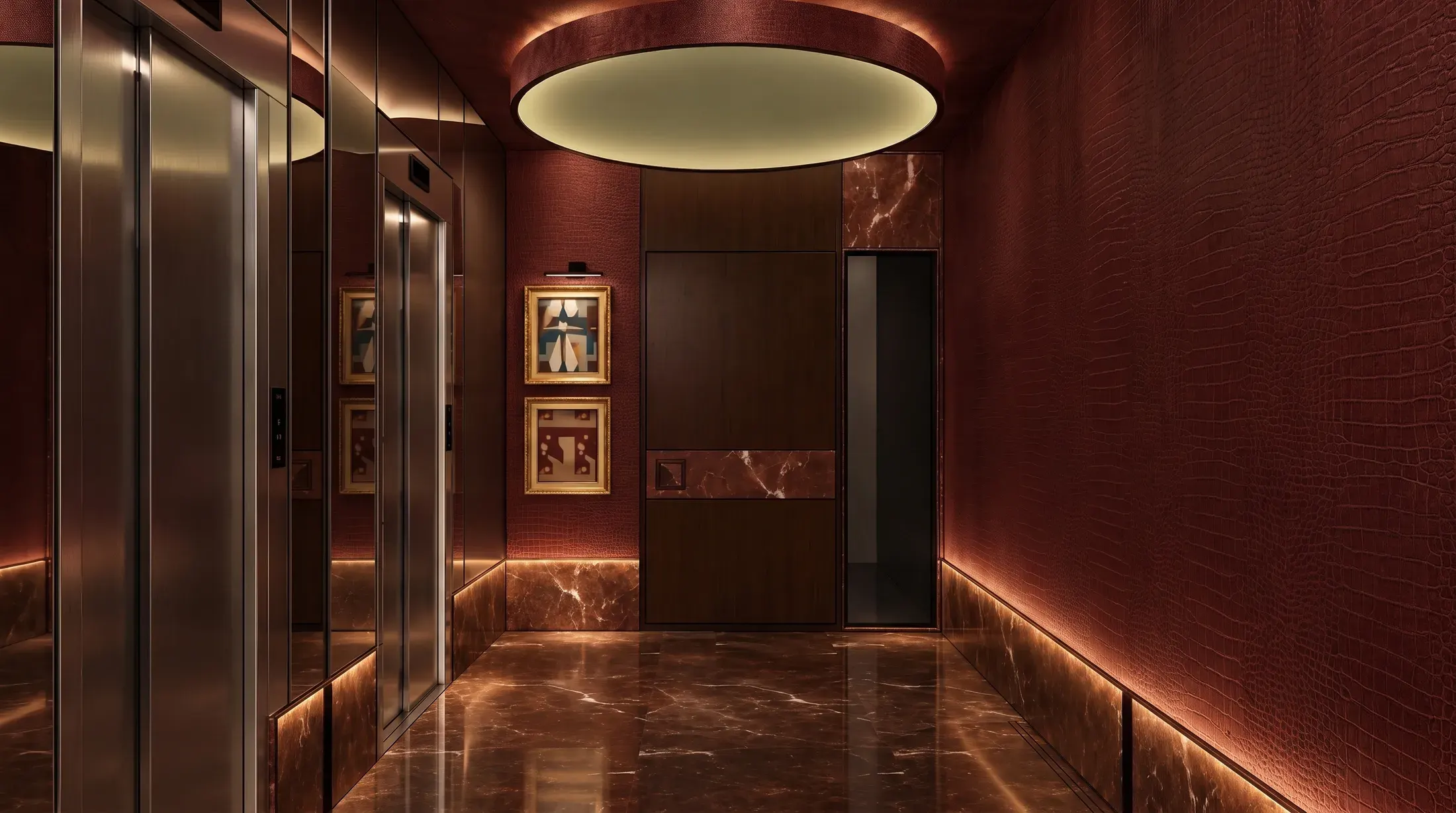 Hall em vermelho profundo e mármore